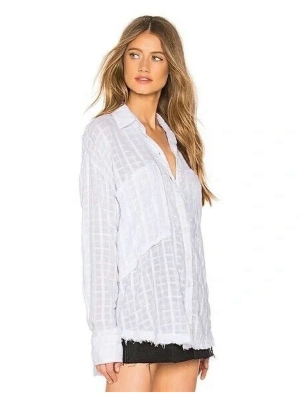 Free People White Sheer Grid-Pattern Button-Down Shirt